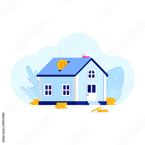 Vector Mortgage Loan illustration. Mortgage banner template with house, money, golden coins, leaves. Real estate investment poster concept. Home savings. Capitalization and savings for buying a house © Tubelyaev