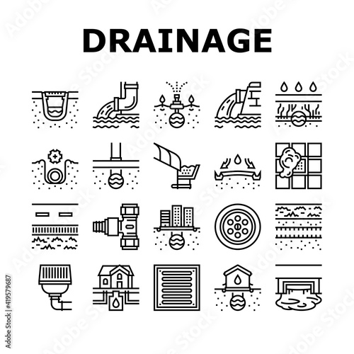 Drainage Water System Collection Icons Set Vector. Road And House, City And Industry Drain System, Bath And Sink Drainage Hole Black Contour Illustrations