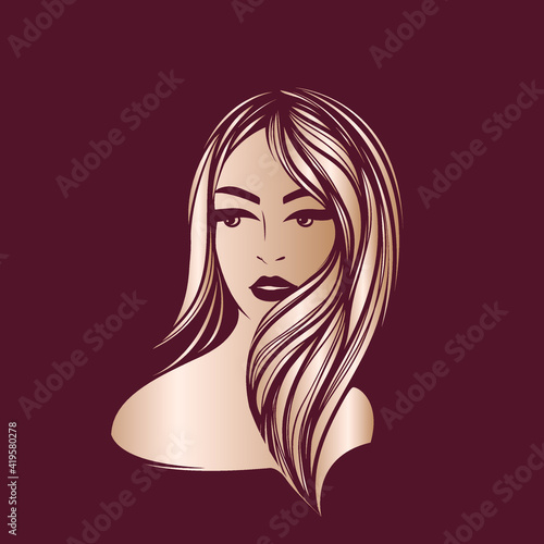 Hair salon, beauty studio logo.Long, wavy hairstyle blonde woman.Elegant makeup.Pretty portrait.Hairdresser icon.Luxury, spa style.Young lady face isolated on dark background.Shiny gold color.