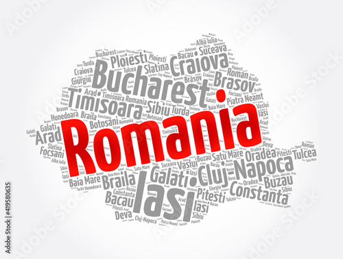 List of cities and towns in Romania, map word cloud collage, business and travel concept background