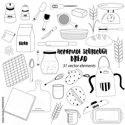 Homemade sourdough bread elements set. 31 isolated black and white vector items on white background. For backers, visiting cards, homemade backery