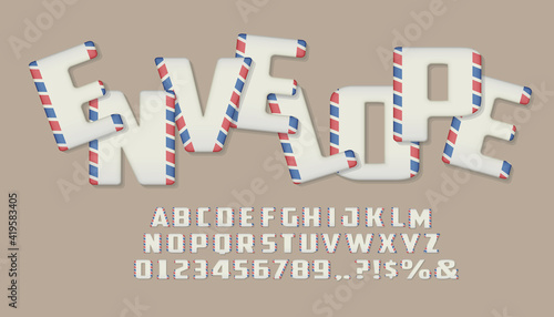 Envelope style font set, alphabet letters and numbers in flat style.