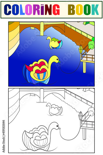 Boat for children in the shape of swan. Set coloring book. Vector illustration.