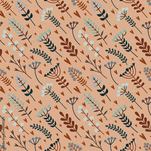 Vector illustration image of decorative flowers. Seamless pattern on a light peach background. For printing on fabric or paper  for interior decoration.