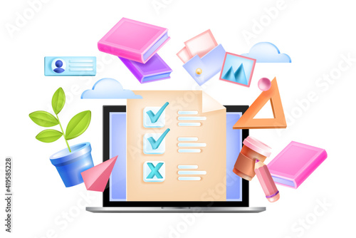 Online exam vector education illustration, web school test isolated concept, laptop screen, check boxes, list. Internet distance quiz, questionnaire, poll design. Online exam, digital survey, book
