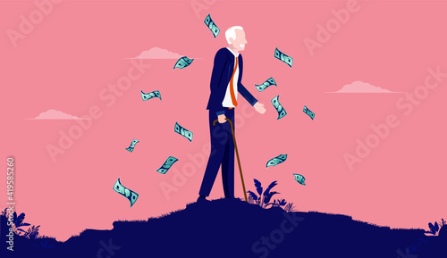 Retirement financial freedom - Retired senior man walking outdoors with money falling from the sky. Pension and economy concept. Vector illustration.