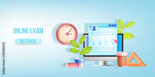 Online exam, internet distance school test, vector banner, landing page, clock, computer screen. Web quiz check list, boxes, questionnaire application. Digital education online exam blue background