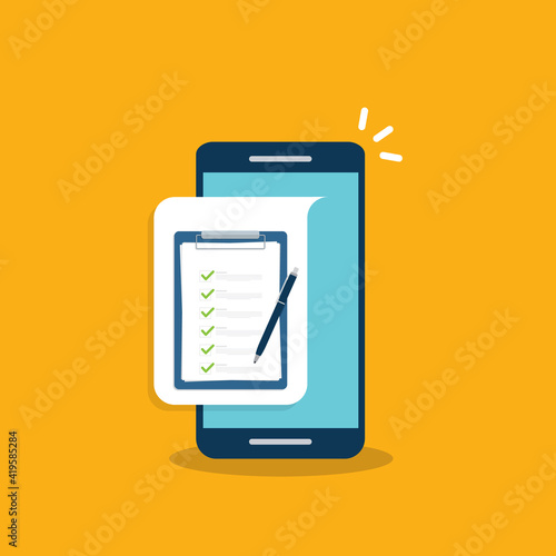 Check list document on smartphone, smartphone with paper check list and to do list with checkboxes, concept of survey, online quiz, completed things or done test, feedback.	