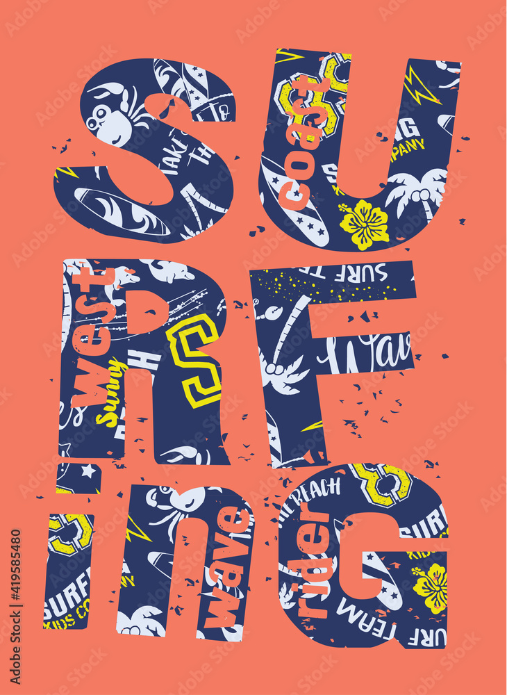 Surfing lettering collage with pattern background grunge vector print for boy kid t shirt