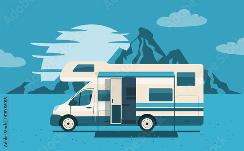 House on wheels on the background of an abstract mountain landscape. Vector flat style illustration.