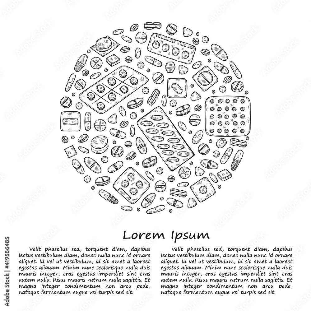 Illustration with cute hand drawn pills icons. Vector medical collection Illustration with cute hand drawn pills icons. Vector medical collection