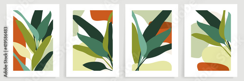 Abstract art nature background vector. Modern shape line art wallpaper. Boho foliage botanical leaves watercolor texture design for home deco, wall art, social media post and story background.