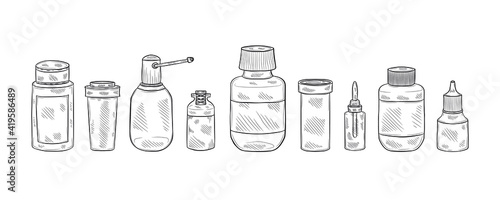 Set with cute hand drawn bottles for pills, mixtures and other medical or cosmetology preparation. Vector medical collection