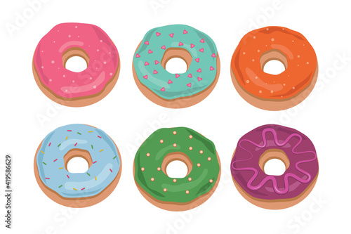 Cartoon donuts isolated on white background. Vector Donut into the glaze collection. Sweet doughnut food.