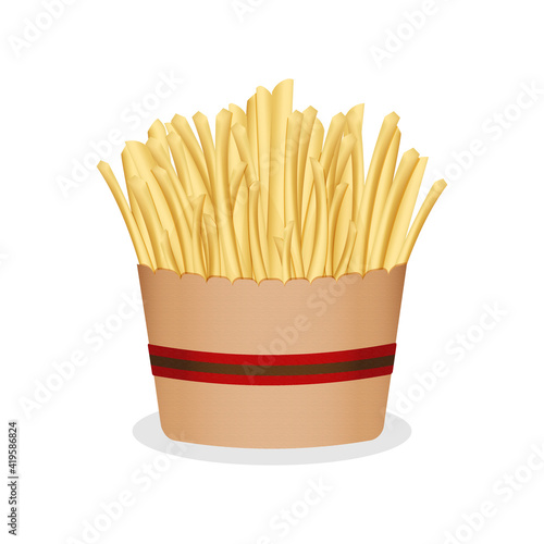 french fries in paper cup with red brown ribbon isolated on white background