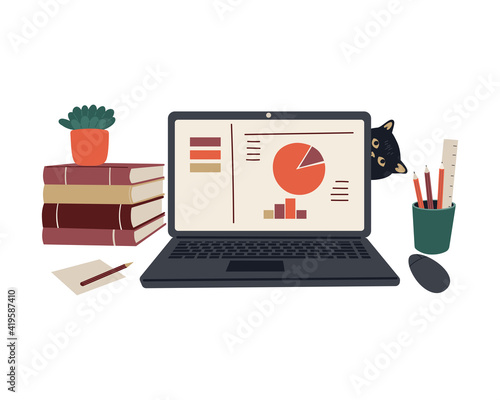 Black Cat Hiding Behind The Laptop. Cat interferes with the work. Vector happy pet owners illustration