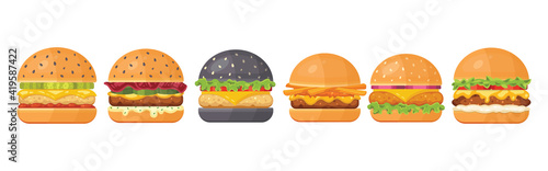 Set of classic burgers with flying ingredients. Vector hamburger icons.