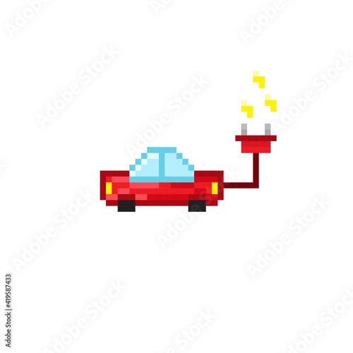 The car doesn't use gas. Electric powered car pixel art. Electric car. Vector illustration. Electric car charging its battery with the natural landscape.