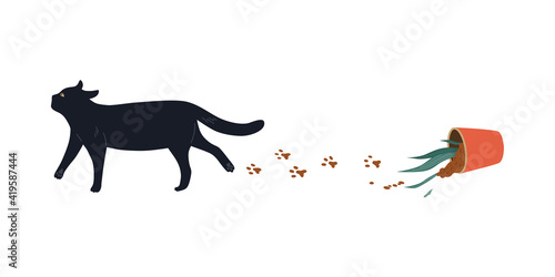 Black Cat dropped the flower pot. Vector cute pets character design. Cartoon illustration