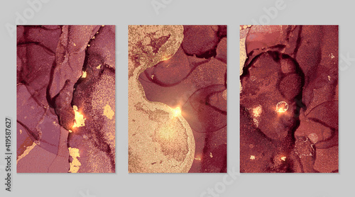 Dark wine and gold pattern with texture of geode and sparkles. Abstract vector background in alcohol ink technique. Modern paint with glitter. Set of backdrops for banner, poster design. Fluid art
