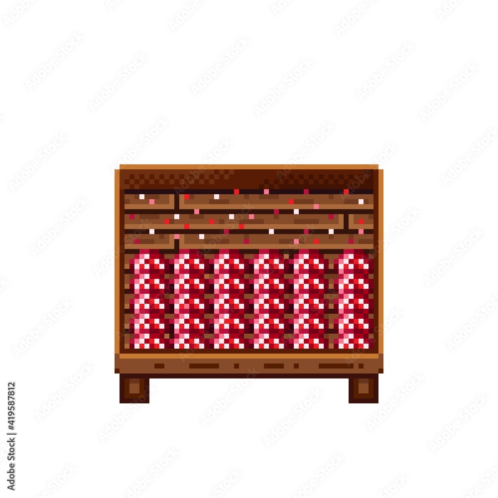 Vegetable shop pixel art. Mushrooms in a wooden crate. Mushrooms, food pixel art icon isolated on white background. Mushroom stall. Showcase with vegetable waste. Vector illustration. Vegetable shop pixel art. Mushrooms in a wooden crate. Mushrooms, food pixel art icon isolated on white background. Mushroom stall. Showcase with vegetable waste. Vector illustration.
