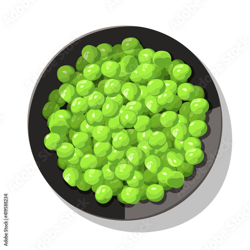 Green peas in black bowl on white background