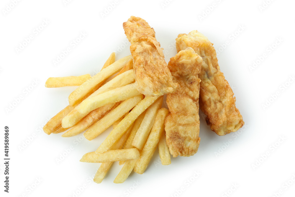 Fried fish and chips isolated on white background Fried fish and chips isolated on white background