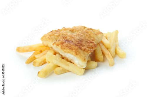 Fried fish and chips isolated on white background