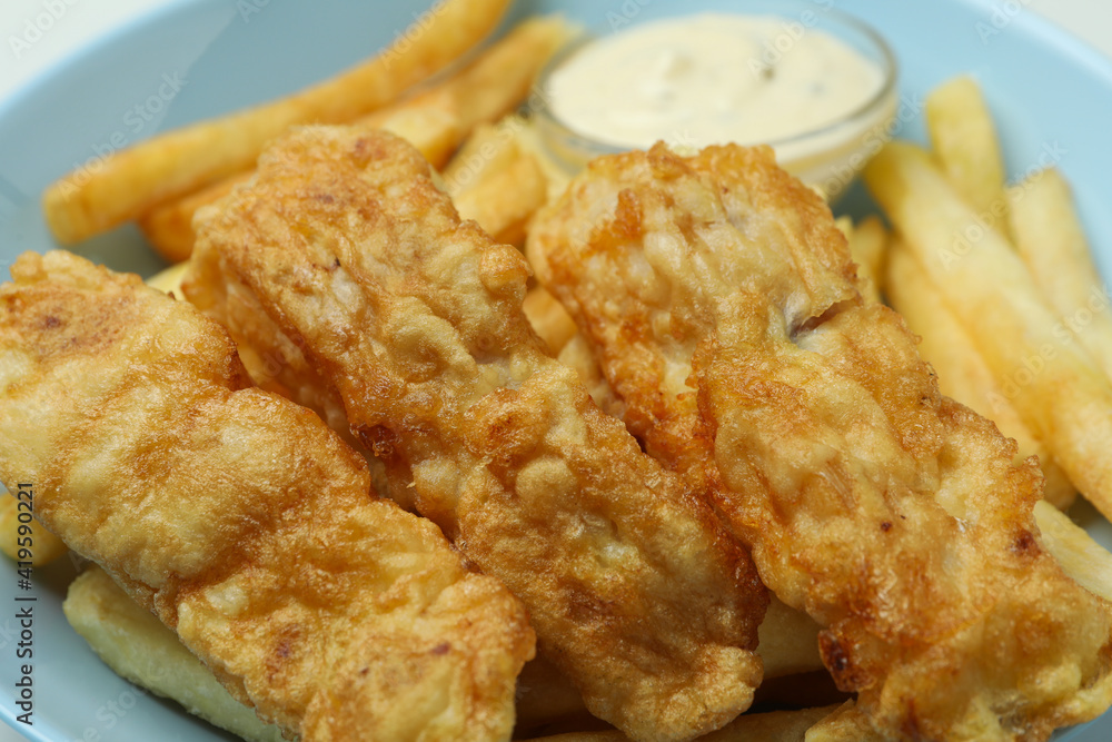 Plate with fried fish and chip, close up Plate with fried fish and chip, close up