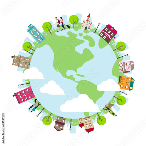 Cartoon earth planet and buildings vector illustration