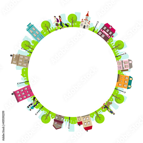 Buildings and houses arranged in a circle illustration (text space in the center)