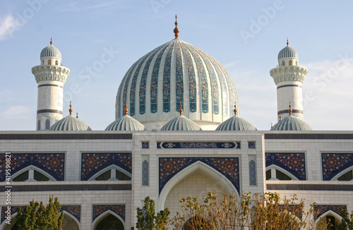 Tajikistan, Dushanbe - 28.10.2019: Dushanbe Mosque of Tajikistan. View on a sunny blue sky day 