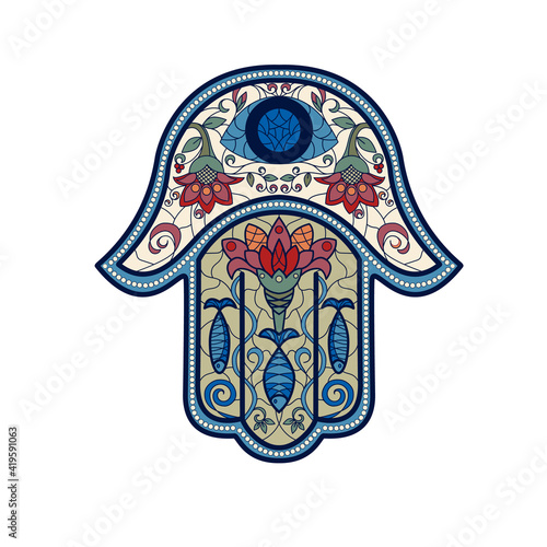 Traditional oriental or Indian sacred amulet of a religious symbol-Hamsa, hand of David,  with an ornament in the style of stained glass or mosaics. Vector illustration isolated on a white background
