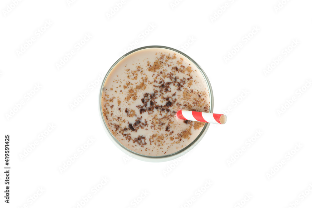 Glass of chocolate milkshake with straw isolated on white background Glass of chocolate milkshake with straw isolated on white background