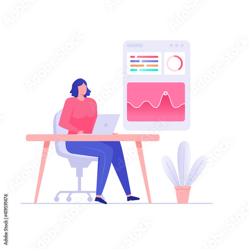 Woman working on data analysis sitting on chair illustration