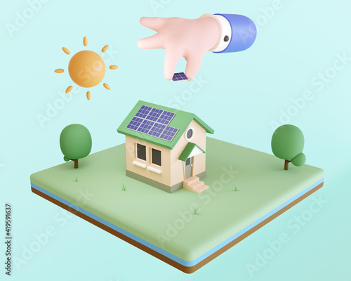 Hand install solar cell panels on house roof. 3d render illustration. Ecology environmental, energy saving concept.
