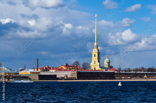 View of the Peter and Paul Fortress across the Neva River, iconic landmark in St. Petersburg, Russia