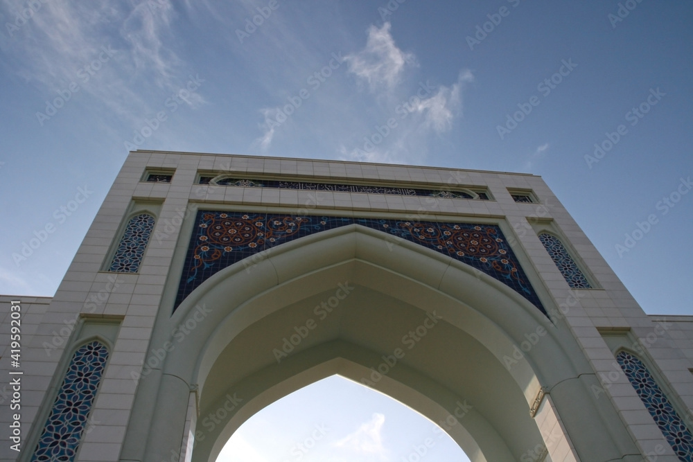 Tajikistan, Dushanbe - 28.10.2019: Dushanbe Mosque of Tajikistan. View on a sunny blue sky day 