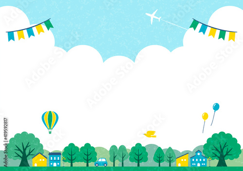illustration of green tree and little town