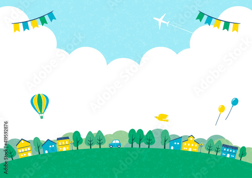 illustration of green tree and little town