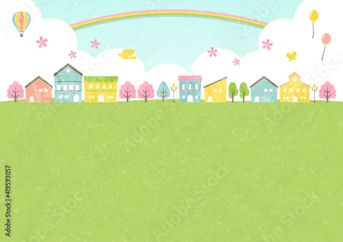 illustration of little town in spring