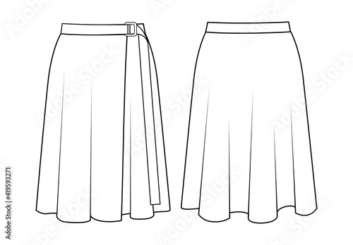 Fashion technical drawing of wrap flared skirt.