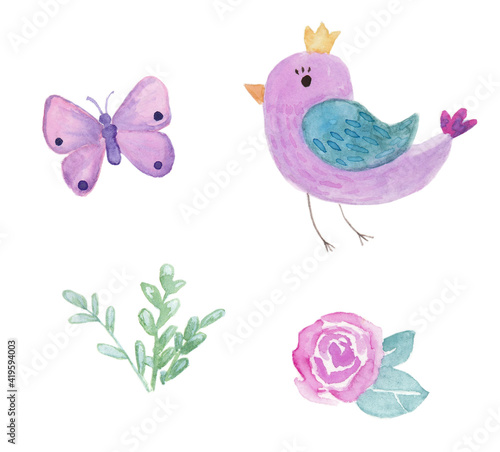 Handpainted watercolor objects bird, butterfly and florals isolated on white background