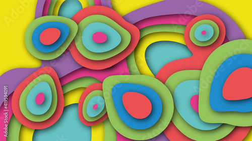 Background with wavy relief geometric forms. Smooth layered shapes in different bright colors in papercut style.