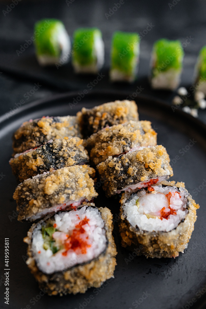 Breaded sushi on a plate