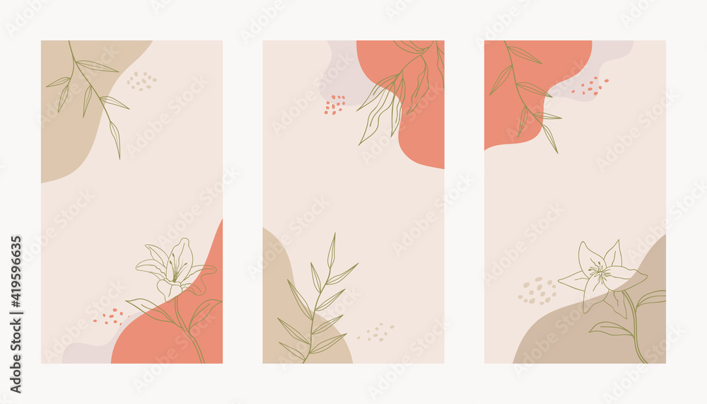 Social media story abstract floral template Trendy minimal organic background. Vector floral beauty backdrop pastel colors