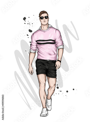 Handsome guy in stylish clothes. Fashion and style, accessories. Vector illustration. 
