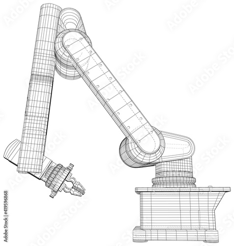Wire-frame Industrial Robot isolated on white. Vector created of 3d. EPS10 format. Vector rendering of 3d.