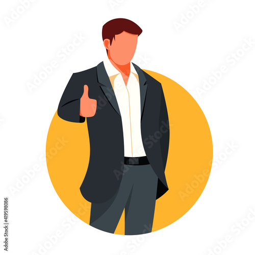 Successful Businessman. Businessman standing with red flag on globe peak. Business concept cartoon illustration

