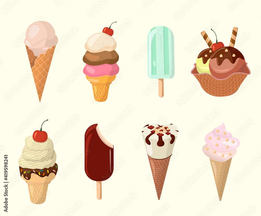 Ice cream collection, vector illustration isolated on white. Different ice cream pack. Ice cream collection, vector illustration isolated on white. Different ice cream pack.